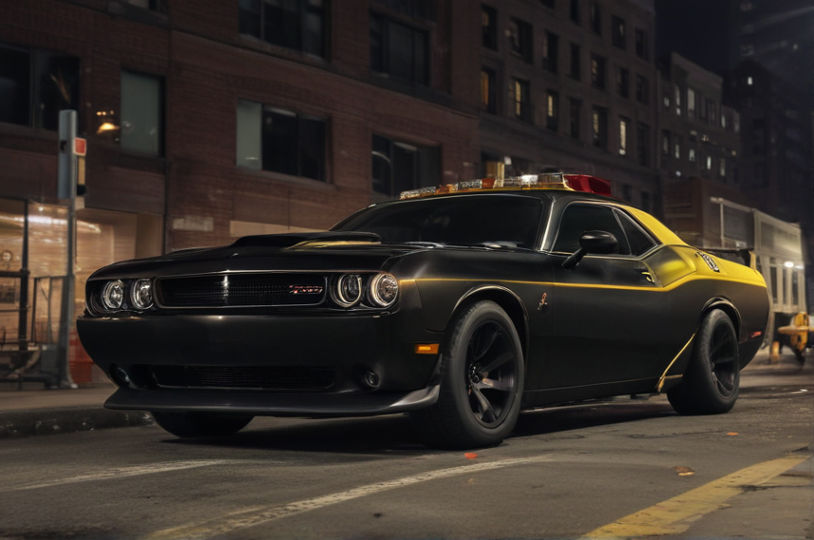 A sleek black Dodge Challenger parked on the side of a city street.