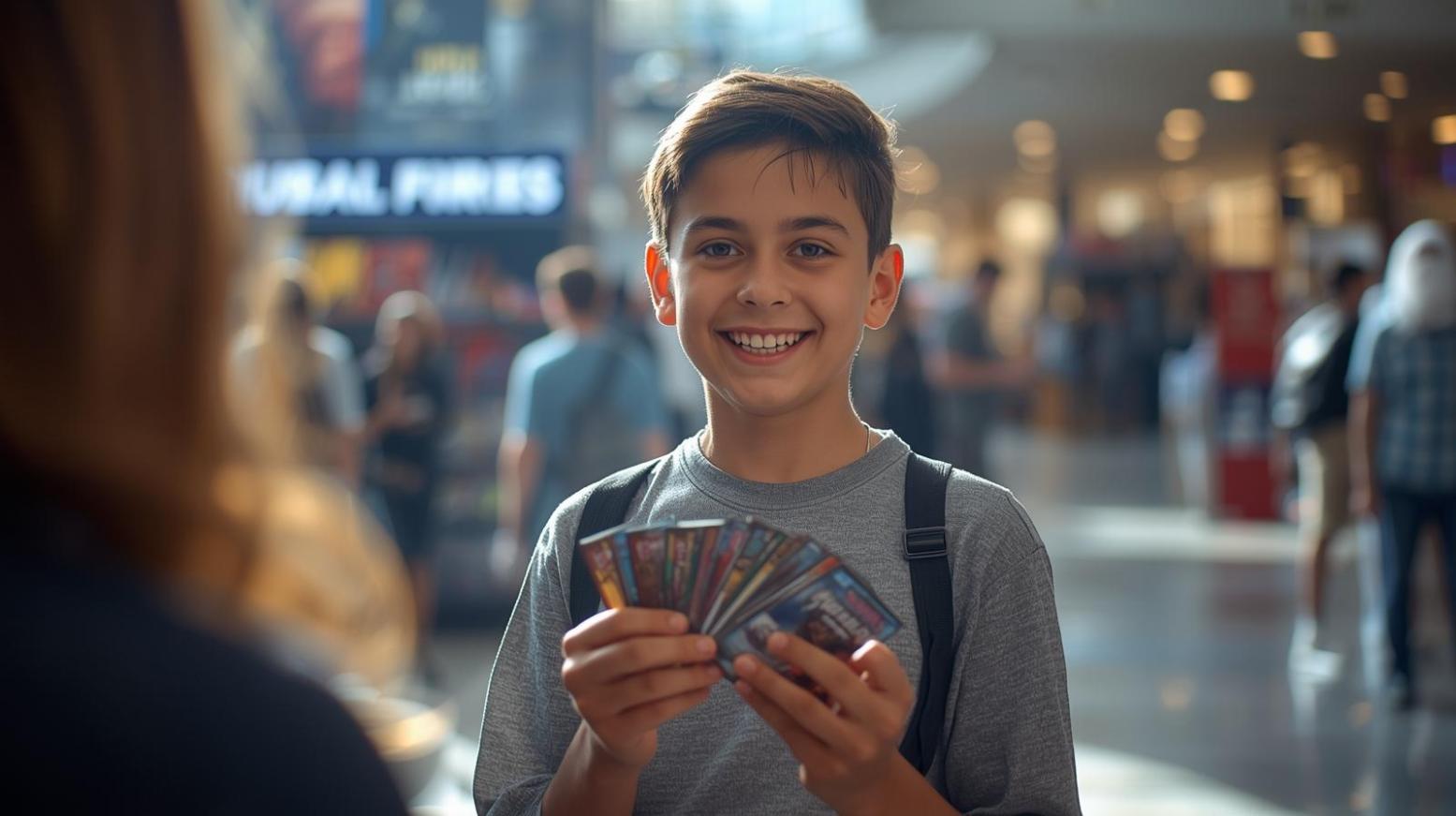 Smiling child buying Pokémon cards in bright Dubai hobby store after movie excitement.